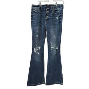 Judy Blue 31 Button Fly Distressed Dark Wash Trouser Flare Jeans